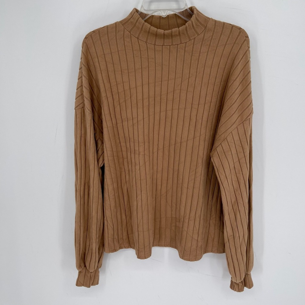 SHEIN Women's Brown Ribbed Mock Neck Stretch Long Sleeve Pullover Top Size L
